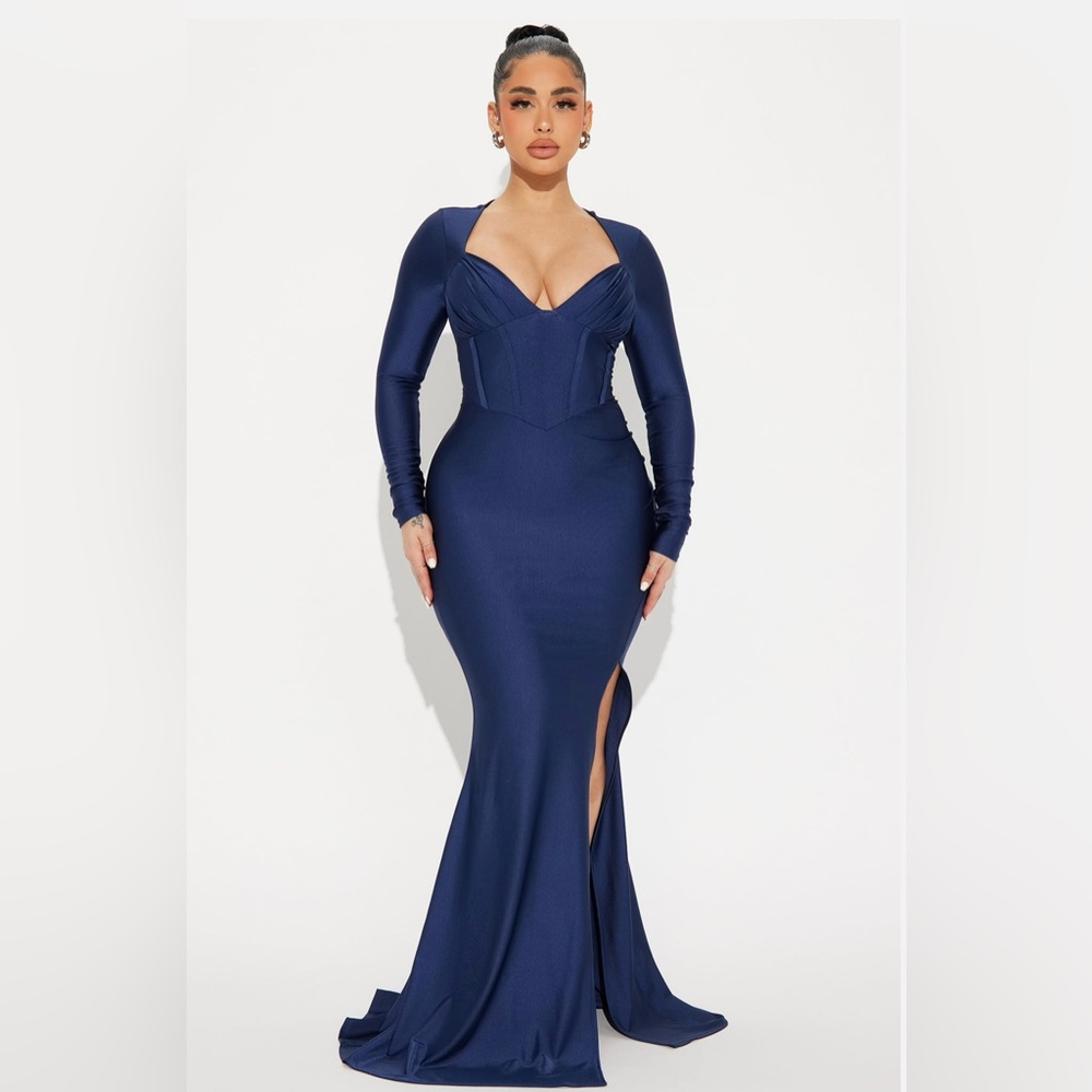 Elegant Navy Blue Long Sleeve Maxi Dress-New
